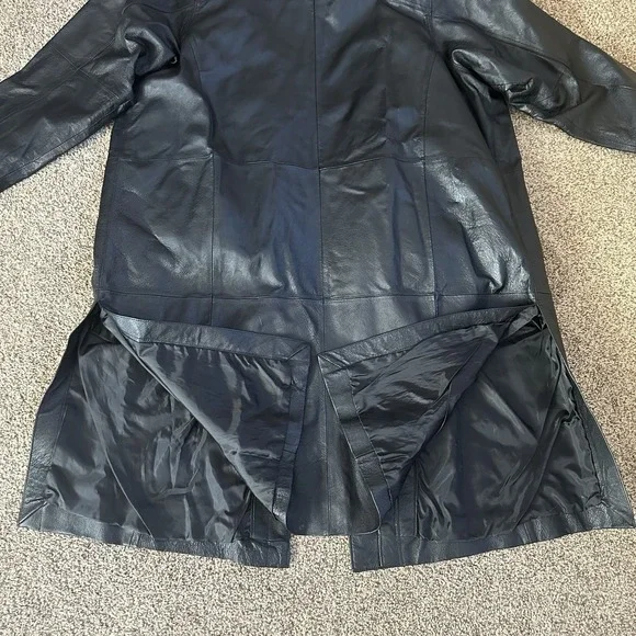 Black Leather Trench Coat 3XL 90s Goth Biker Duster Hooded Fantasy Matrix Neo - Picture 5 of 16
